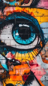 Urban mural of blue human eye on multicolored brick wall.