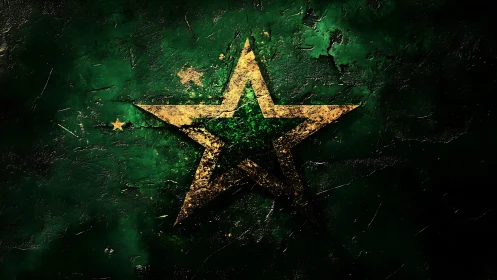Gold textured star overlays cracked green painted surface