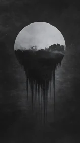 Monochrome floating mountains within dripping lunar disc.