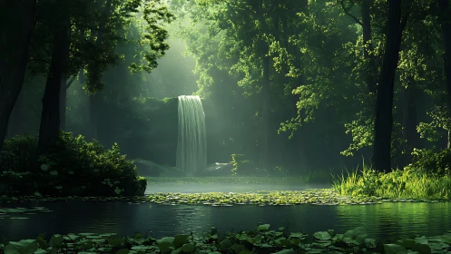 Luminous Cascade Through Dense Verdant Canopy with Atmospheric Light.