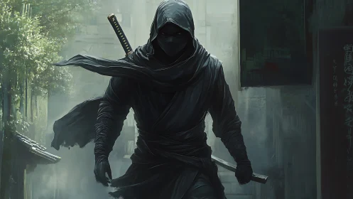 Stealth assassin advances through misted alleyway shadows.