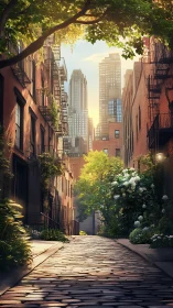 Sunlit cobblestone alley framed by lush urban greenery.