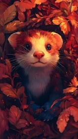 Curious autumn ferret peeking from glowing red leaves.