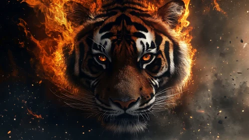 Inferno tiger portrait with blazing embers and molten gaze.