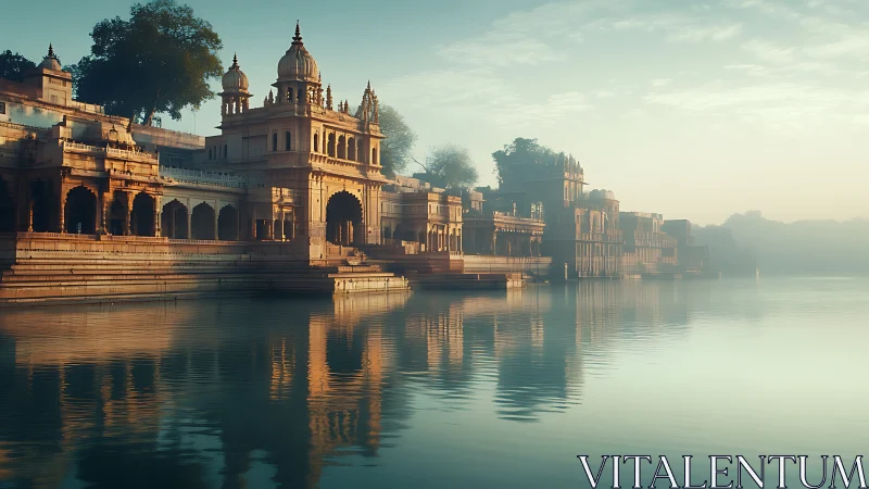 Riverside palace complex in soft dawn mist with warm reflections.