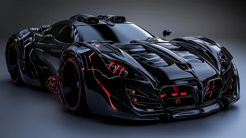 Futuristic black supercar glows with fierce crimson highlights