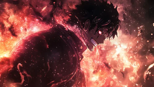 Blazing anime warrior emerging through swirling cosmic fire.