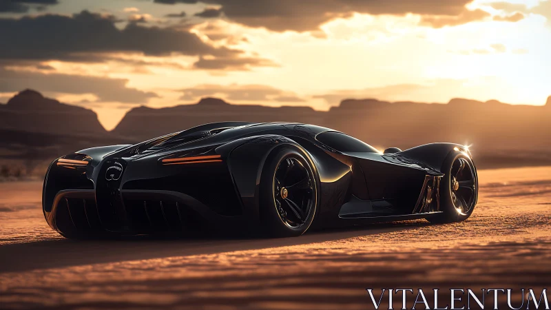 Sleek futuristic hypercar glowing in the desert sunset.