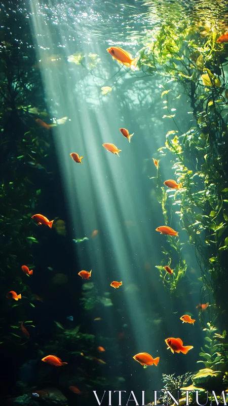 Sunlit goldfish drift through emerald cathedral waters.
