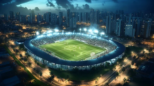 Nocturnal stadium panorama with urban skyline immersion.