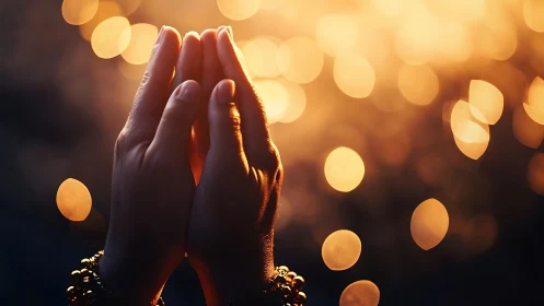 Gentle hands rest in quiet prayer against warm glowing light