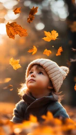 Small child watches falling autumn leaves in warm golden light
