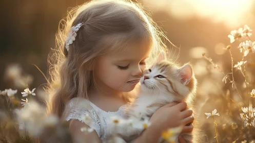 Young child with kitten in flower field, warm golden hour lighting