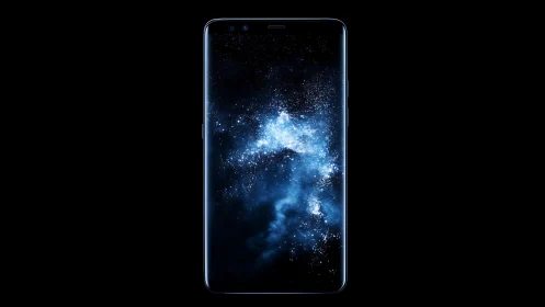 Smartphone with cosmic nebula display wallpaper.