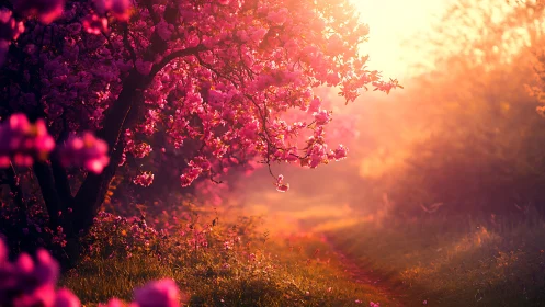 Sunlit blossom path glowing with soft pink spring warmth.