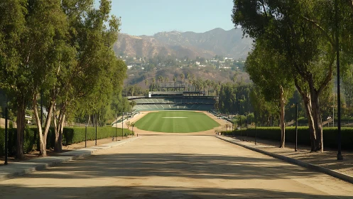 Tree-lined walkway leading to empty outdoor stadium field.