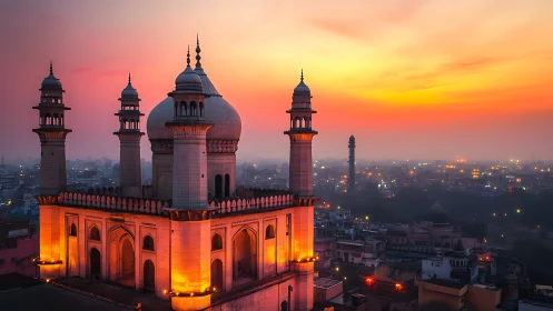 Illuminated Mughal style mosque glowing over dense city at dusk