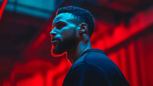 Portrait of focused man under red neon studio lighting