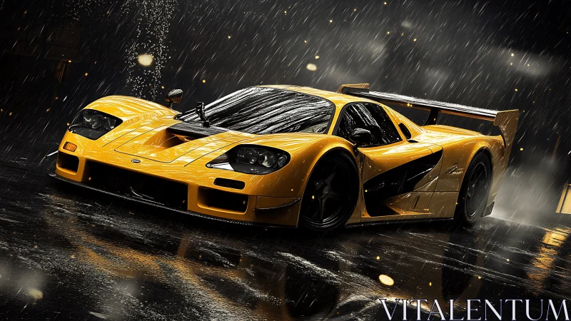Yellow race car under heavy rain on reflective wet street.