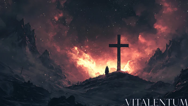 Cruciform silhouette before blazing cosmic storm sky.