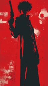Noir gunman silhouette over distressed red backdrop.