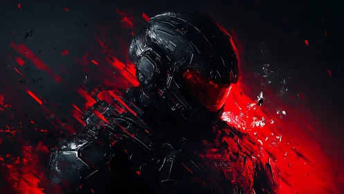 Cybernetic soldier emerges through red fractured light.