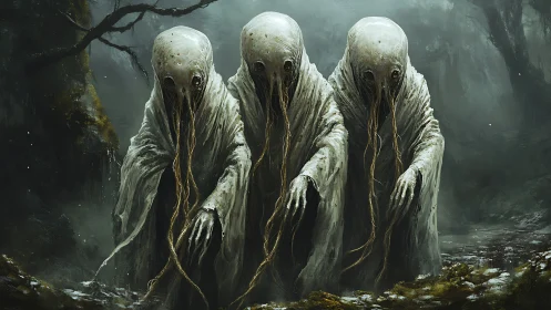 Three cloaked eldritch figures in a misty forest scene.