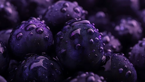 Midnight blueberries gleam under dewy jewel-toned light.