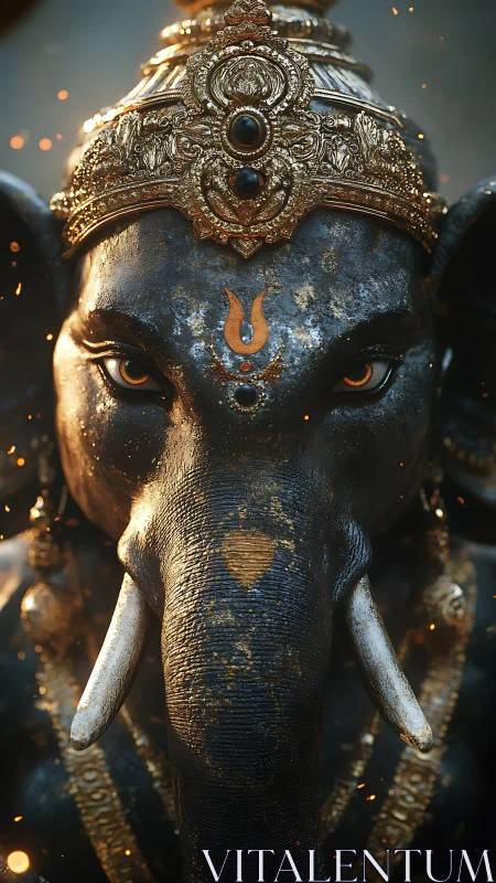 Hyperreal elephantine deity bust with molten-gold filigree crown.