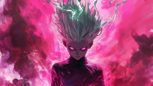 Psychedelic energy avatar emerges from neon magenta stormfield