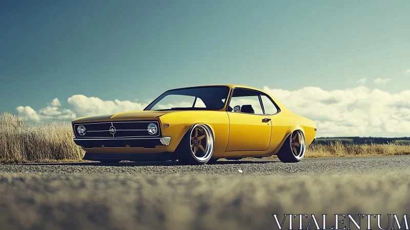 Retro yellow coupe with widebody stance on rural asphalt road