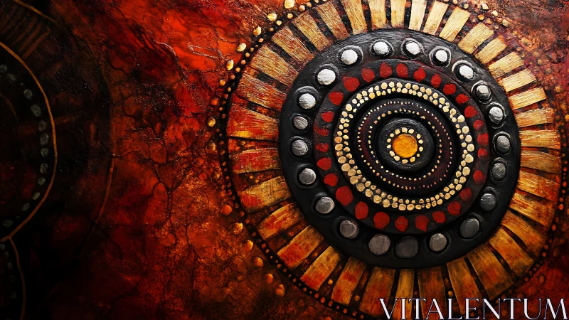 Concentric circular abstract pattern with textured warm palette.