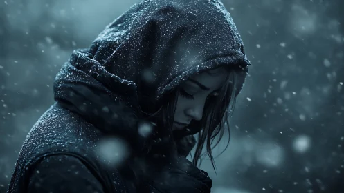 Hooded woman stands alone in falling snow and quiet sorrow