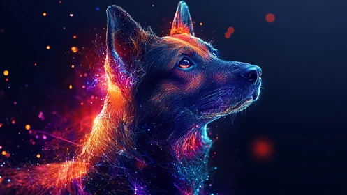 Neon spectrum canine portrait with luminous particle contours