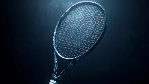 Tennis racket glows under dramatic blue studio spotlight.