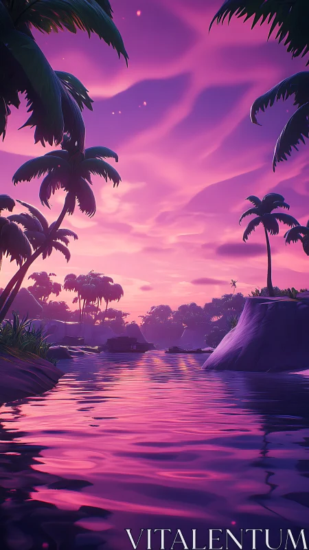 Neon Tropical Paradise: Magenta Sunset Over Lagoon Waters