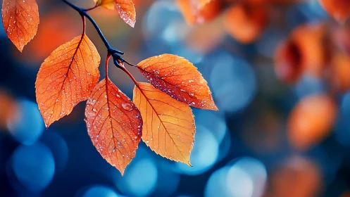 Macro study of rain-dappled autumn leaves against bokeh field.