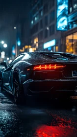 Rain-soaked supercar rear under neon-saturated urban nightscape.