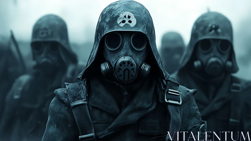 Gas-masked soldiers advancing through toxic battlefield fog.