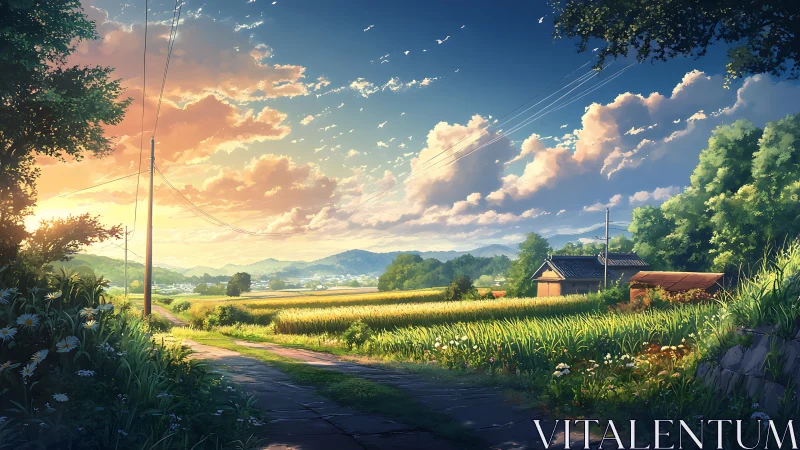 Sunlit rural lane winds through golden fields at sunset.