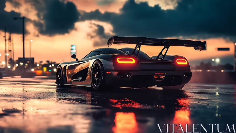 Supercar rear profile under neon-toned sunset reflections