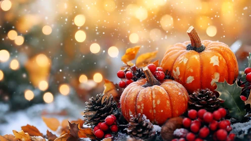 Frost-kissed pumpkins bask in golden holiday bokeh glow.