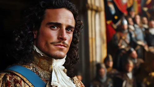 Regal nobleman in ornate baroque attire at court gathering.