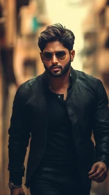 Urban portrait of stylish man in leather jacket, shallow depth