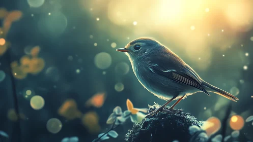 Small Songbird on Mossy Branch in Dreamlike Soft Focus Light.
