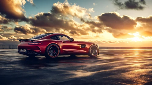 Photorealistic sports coupe in golden hour coastal staging.