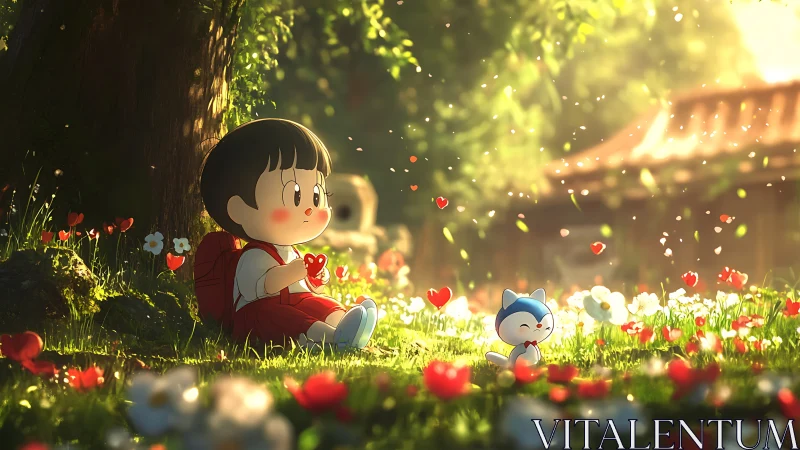 Child and blue creature in sunny flower meadow scene.