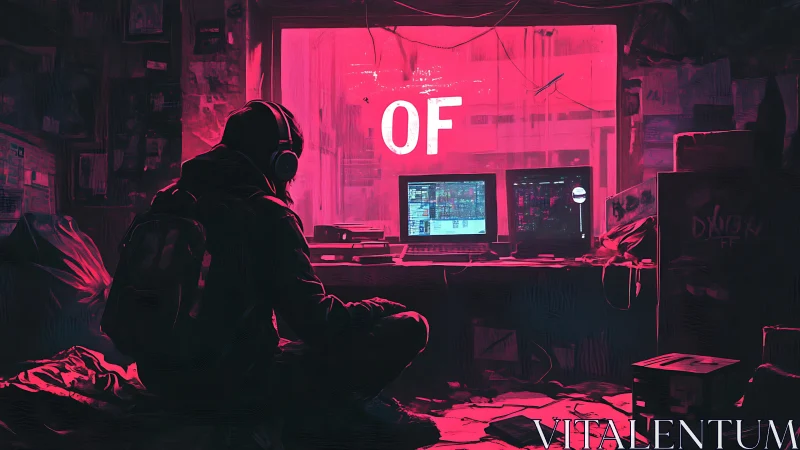 Hooded hacker works at dual monitors in neon pink room.