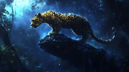 Mystical Leopard Perched on Enchanted Stone.