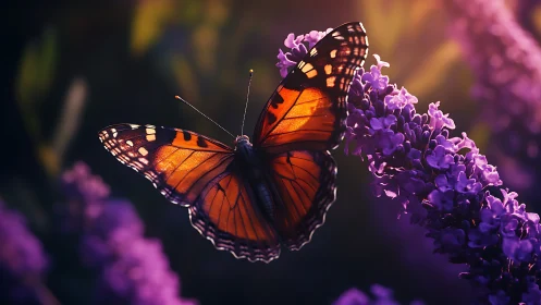 Macro portrayal of monarch butterfly on violet floral arc.